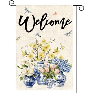 AVOIN colorlife Spring Summer Floral Welcome Garden Flag 12x18 Inch Double Sided Outside, Blue and White Chinoiserie Seasonal Yard Outdoor Flag