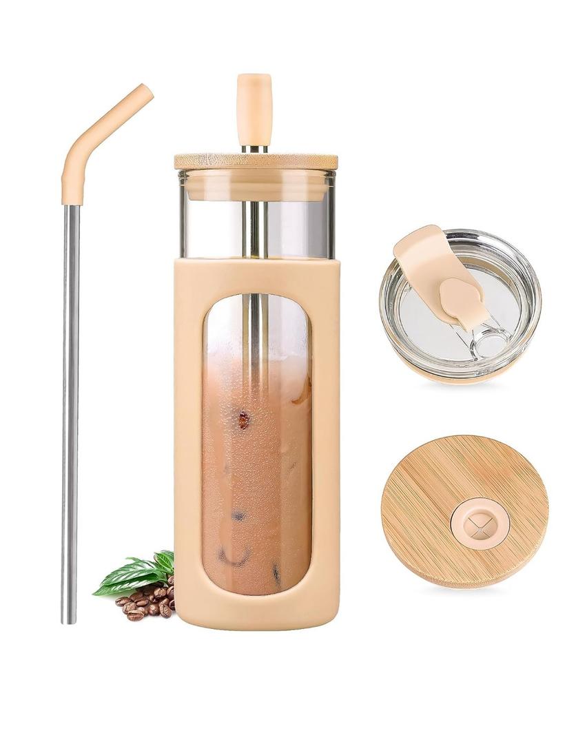 Kodrine 24oz Glass Tumbler with 2 Lids and Straws, Glass Cup With Bamboo Lid and On-the-go Lid, Reusable Iced Coffee Cup, Ideal for Smoothie, Cold Drinks, Fit Cup Holder, BPA Free(1, Amber)