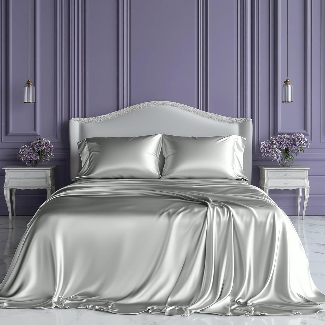 SLEEP SANCTUARY Satin Sheets King Size  4 Piece Luxury Silky Bed Set, Softer Than Silk, 15" Deep Pocket, Cooling & Wrinkle-Free, Moisture-Wicking & Breathable for Hair & Skin (Grey)