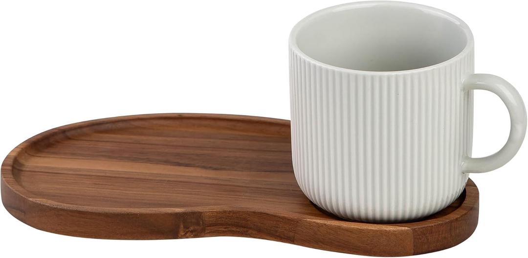 JiabaoPC Ceramic Coffee Mug and Wooden Serving Tray Set, White Ribbed Cup with Handle 14.2oz, Modern Design with Wood Platter