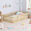 Spirich Twin Size Kids Floor Bed Frame with Fence and Door, Solid Wood Montessori Floor Bed for Kids with Safety Guardrails, Twin Bed Frame for Boys and Girls, Natural