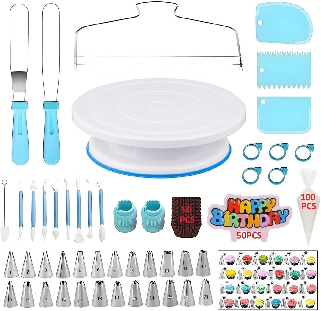 YOQXHY Cake Decorating Kit,Baking Supplies Tools with Cake Turntable,Leveler,24 Numbered Icing Tips,2 Spatulas,3 Scrapers,8 Carved Pens,50 Cupcake Liners,100 Pastry Bags & More, (Blue)