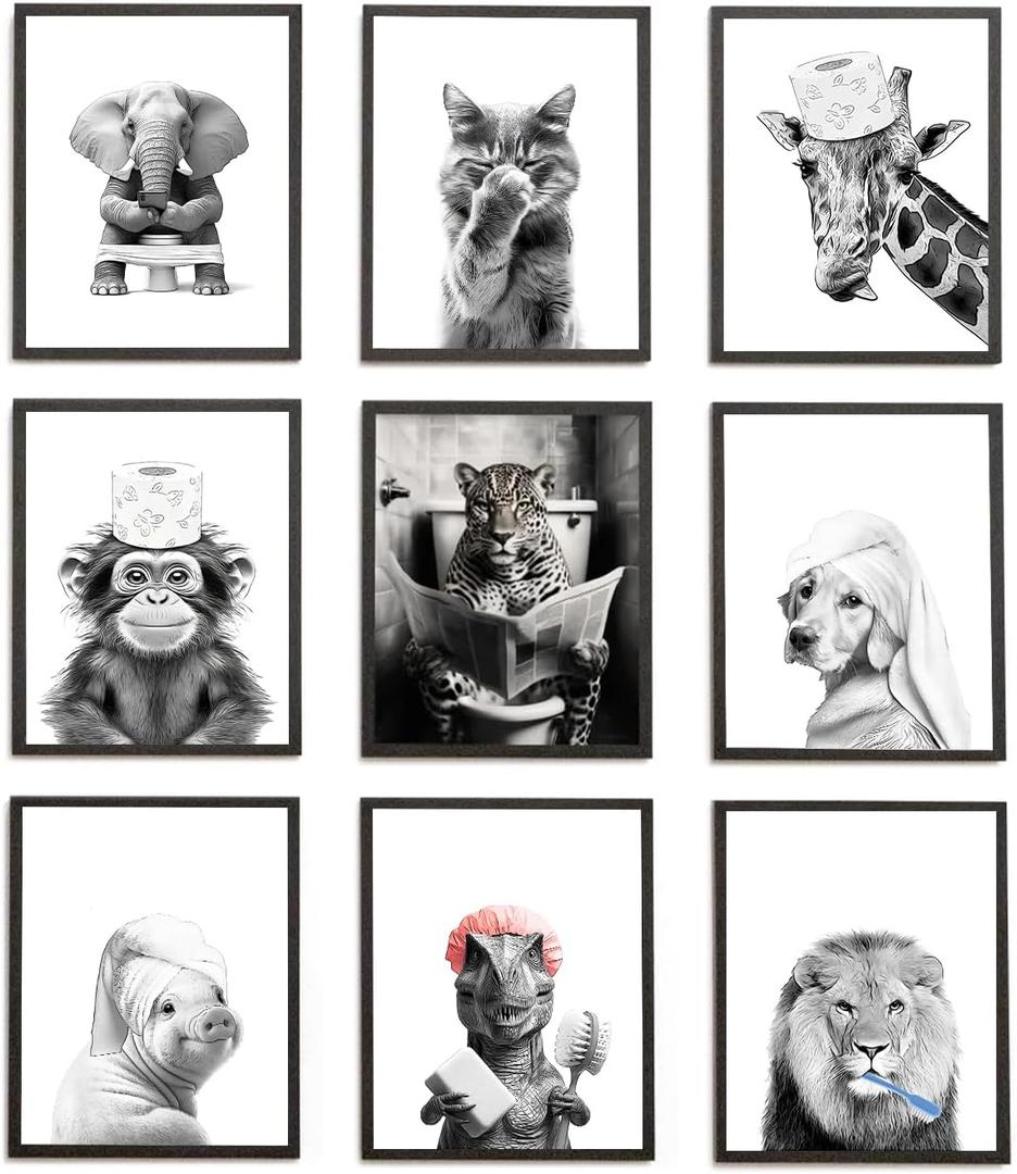 TWNSLLA Funny Bathroom Wall Art Set of 9 - Black and White Bathroom Wall Decor,Cute Animal Canvas Art Prints,Funny Bathroom Decor Wall Art Retro Funny Bathroom Signs for Wall,Unframed,8x10inch
