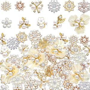 Hicarer 44 Pieces Pearl Rhinestone Buttons Rhinestone Faux Pearl Embellishments Brooch Alloy Floral Pendants for Jewelry Making Party Wedding Bridal Bouquet DIY Home Decoration(Gold)