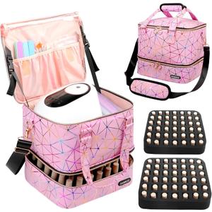 Nail Polish Organizer Bag Holds 84 Bottles (15ml/0.5 fl.oz)& Nail Lamp, PU Leather Nail Supplies Organizer with Holder& Shoulder Strap, Portable Travel Nail Kit Storage Carrying Case (Pink)