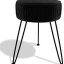 Velvet Vanity Stool Footrests, Round Ottoman Vanity Chairs with Anti-Slip Feet, Dressing Table Seat Foot Stool with Black Legs, Furry Padded Seat Side Table for Makeup Bedroom, Black