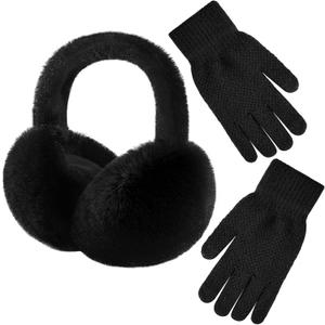 Pleneal Winter Ear Muffs Gloves for Women, Foldable Faux Fur Earmuffs Touchscreen Gloves Warmer Covers Headband Cold Weather (Black)