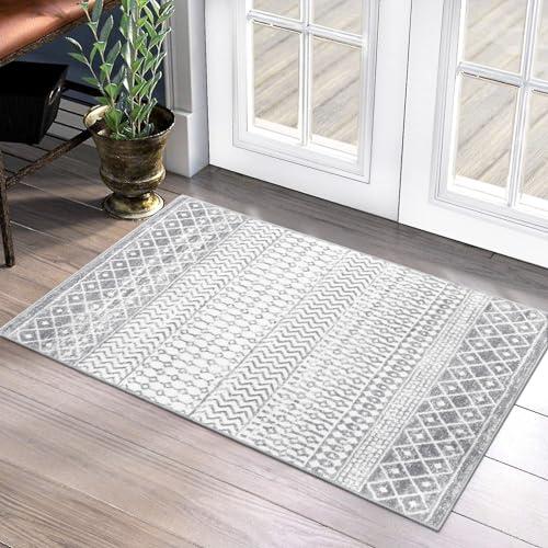 Nailttos Moroccan Washable Rugs, 2x3 Light Grey Rug Non-Slip Small Distressed Entryway Rugs, Soft Low-Pile Bedroom Rug Indoor Doormat Carpet for Entryway Kitchen Bathroom