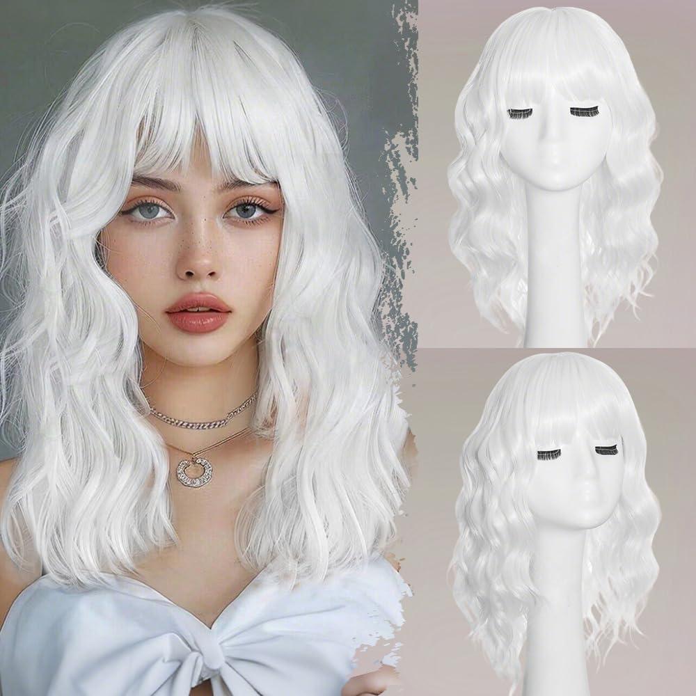 White Wig with Bangs Short Wavy Wigs for Women Curly Bob Style Wear and Go Natural Synthetic Wigs for Halloween Costumes Cosplay Daily Party Use 16IN