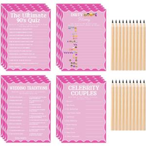 2 x 4 Bridal Shower Game Set, Four Fun Wedding Games with Answer Sheets and Pencil Activity Accessories, Perfect for 90's Bride and Groom Bachelorette Party Wedding Favors, 62 Pieces (Light Pink)