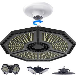 KERNOWO LED Garage Lights, 140W 18500 Lumens Garage Ceiling Lighting, 6000K Daylight with Deformable Three Panels Light Fixture E26/E27 Triple Glow LED Shop Light for Basement Workshop Warehouse