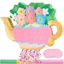 WERNNSAI Teapot Piata - Tea Party Decoration Garden Flower Piata for Afternoon Tea Party Decor Bridal Baby Shower Garden Party Supply Mothers Birthday Favor with Blindfold Stick