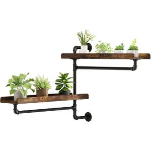 Rotating Floating Shelves for Wall w Powerful Storage,Farm-Style Window Plant Shelves w Industrial Pipe,Strong Load-Bearing,Plant Shelf Made of Waterproof Wood for Home Decor & Plant Pots, 2 Layer