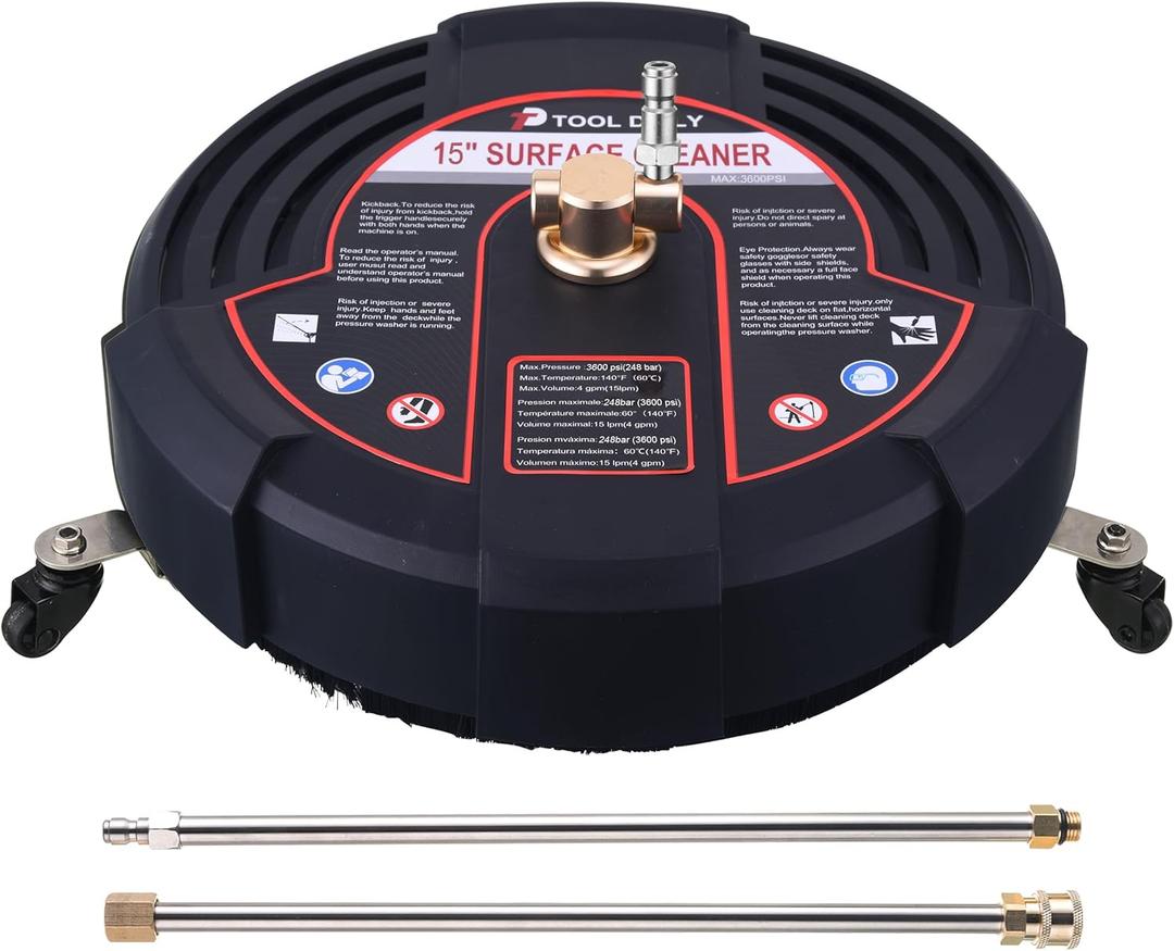Tool Daily 15 Inch Pressure Washer Surface Cleaner with 3 Wheels, 2 Extension Wands, Surface Cleaner for Pressure Washer Attachment for Concrete, Driveway, Sidewalk, Patio, 3600 PSI