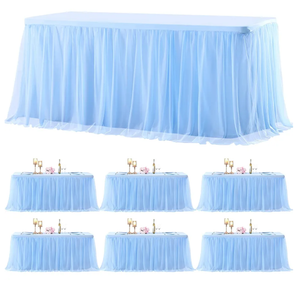 6 Pack Baby Blue Table Cloth for 6 Foot Rectangle Tables, Tulle Table Skirt Stretch Fitted Table Covers, Rectangular Tablecloth Ruffle Tutu Table Cloths Wedding Banquet Party Tablecloths Table Decor