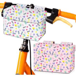 2 Pcs Bike Basket Kids Girls Boys Bike Handlebar Bag Bicycle Front Storage Pouch Scooter Bicycle Accessories for Balance Scooter Stroller Wheelchair (White and Pink)