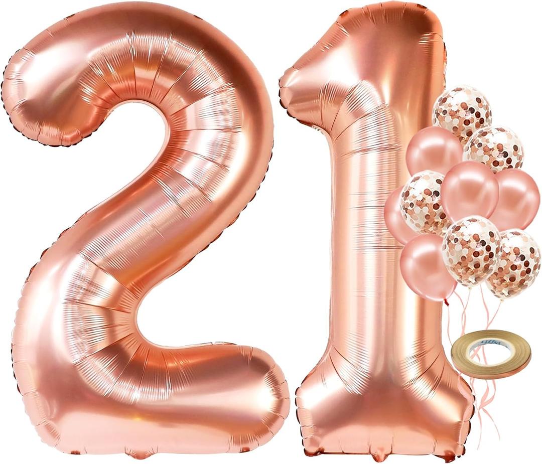 KatchOn, Big Rose Gold 21 Balloon Number - 40 Inch, 21th Birthday Decorations for Girls | Rose Gold Number 21 Balloon with Confetti Balloons | 21th Happy Anniversary Decorations