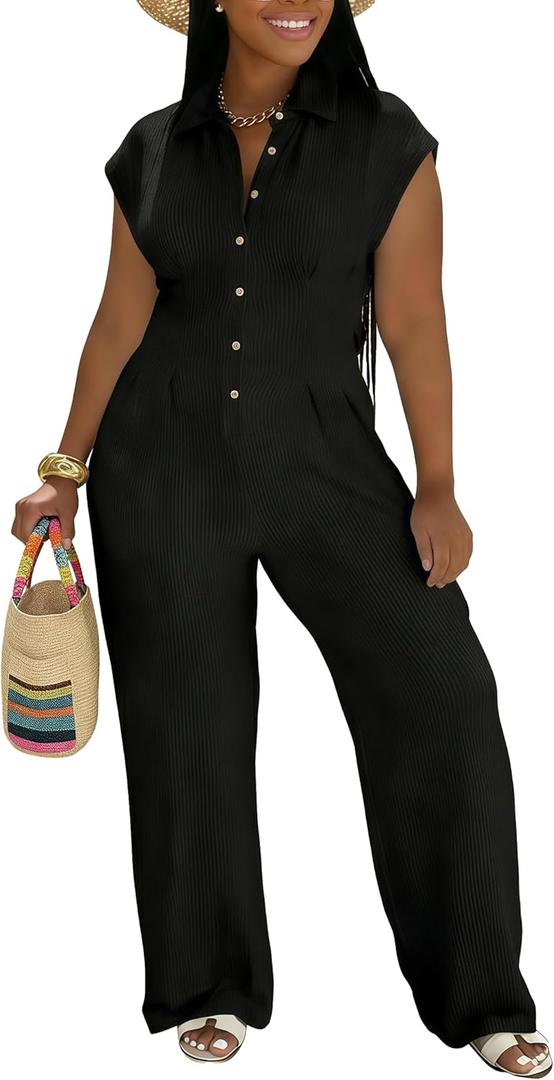 Jumpsuits for Women Sexy Button Up One Piece Jumpsuit Casual Wide Leg Pants Rompers Summer Jumpsuits Club Outfits (Black, M)
