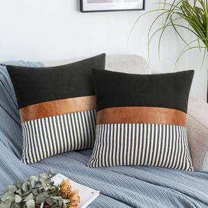 Set of 2 Farmhouse Decor Stripe Patchwork Black Linen Throw Pillow Covers, Modern Tan Faux Leather Accent Pillow Covers 18x18 inch,Navy Blue Stripe