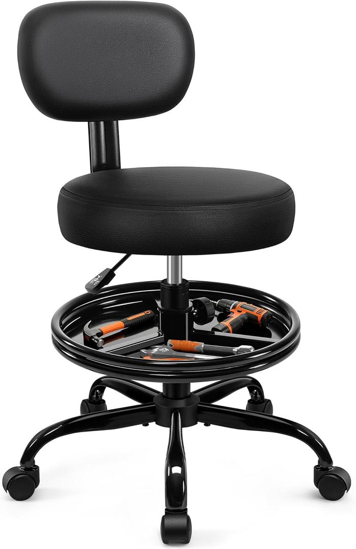 Shop Stool with Wheels for Garage, Mechanics Rolling Chair with Backrest, Adjustable Height Heavy Duty Garage Stool with Footrest and Storage Tray, Swivel Task Chair for Workshop Kitchen Salon (Black)