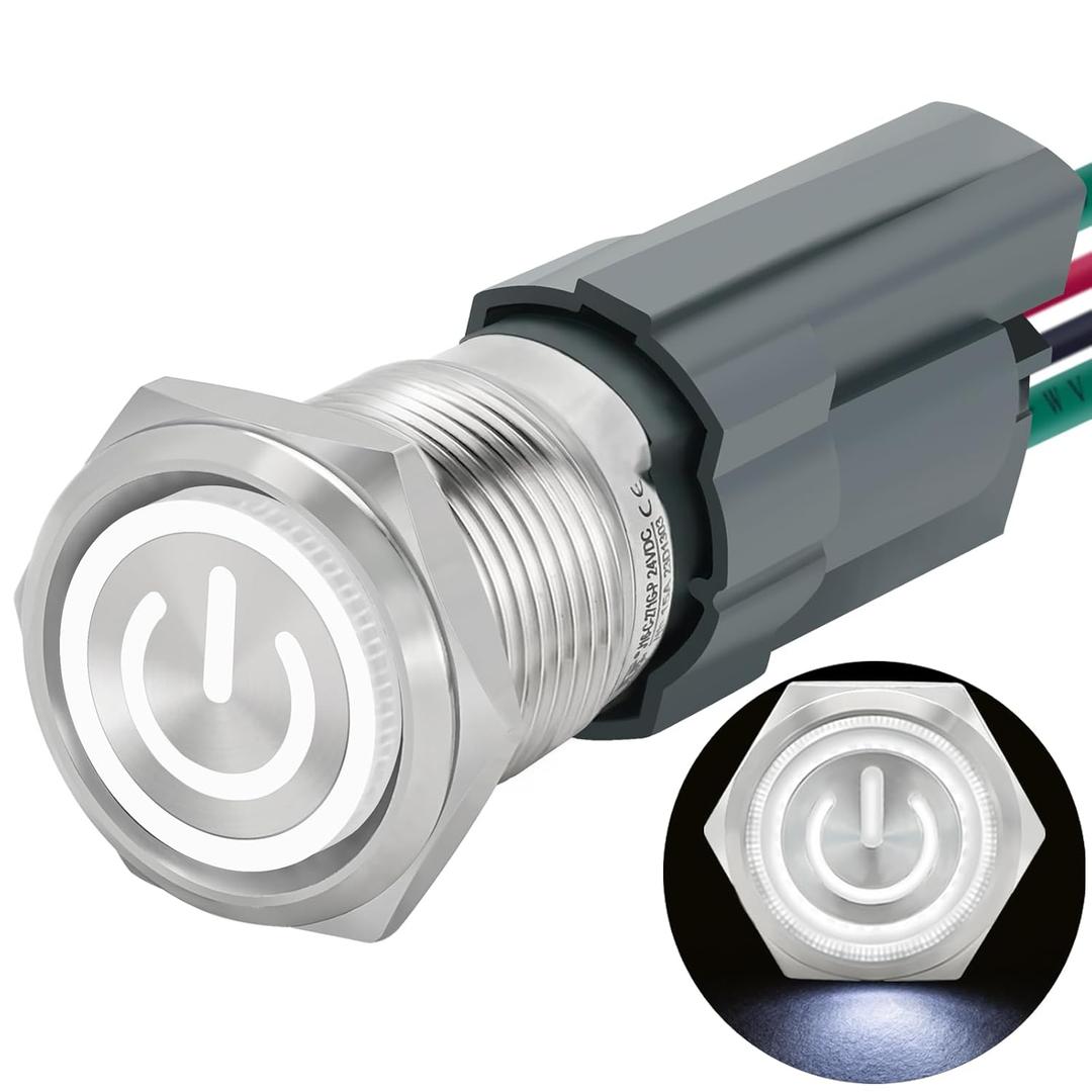 UL Listed 15Amp 16mm Latching Push Button Switch White 12V-24V DC IP67 Waterproof SPST with LED Angel Eye Light 304-Stainless Steel On and Off Switch with Wire Socket 5/8"
