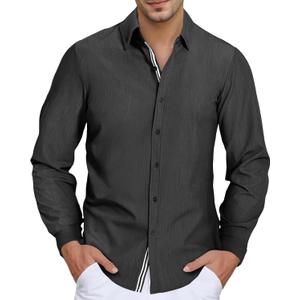 Men's Stretch Denim Dress Shirt Long Sleeve Casual Button Down Everyday Shirts Fall Winter Wedding Shirts (Black, L)