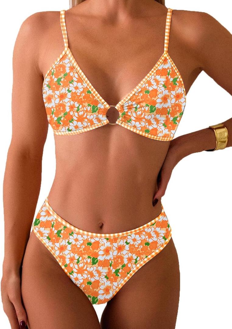 Tainehs Women's Two Piece Bikini Sets O Ring Front Top Ditsy Floral Triangle Swimsuits Cheeky Bathing Suit (Large)