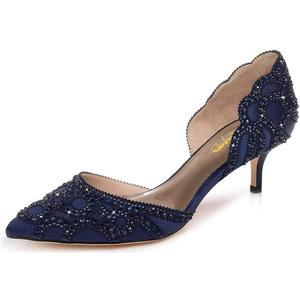XYD Women's Pumps, Elegant Pointed Toe, D'Orsay Kitten Low Heels, Rhinestone Studs, Slip-On Satin Shoes for Wedding (10, Navy)