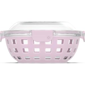 Ello Duraglass Meal Prep Container- Glass Food Storage Container with Silicone Sleeve and Airtight BPA-Free Plastic Lid, Dishwasher, Microwave, and Freezer Safe (5 cup, 5 Cup Cashmere)