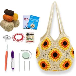 Anbaagsky Crochet kit for Beginners Sunflower Tote Bag Granny Square Crochet Tote Bag with Step-by-Step Video Tutorials Knitting Kit Beginner Crochet Kit for Adults