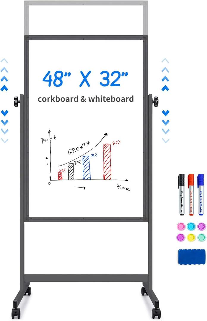 Maxtek Rolling White Board 48 x 32in,Height Adjustable Whiteboard on Wheels