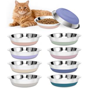 [8 Pack] Stainless Steel Cat Bowls, Cat Dishes Whisker Friendly with Non-Slip Silicone Bottom, Easy to Clean, 5.5" Shallow Wide Cat Food and Water Feeding Bowl for Indoor Outdoor Cats