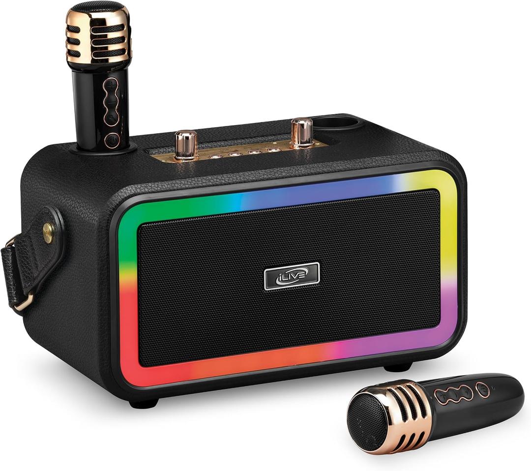 iLive Bluetooth Karaoke Machine with 2 Wireless Microphones & LED Lights, Black