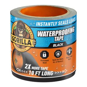 Gorilla Waterproof Patch & Seal Tape, Black Tape, 4" x 10' (Pack of 1) - Permanent Weather Resistant Seal for Leaks and Repairs
