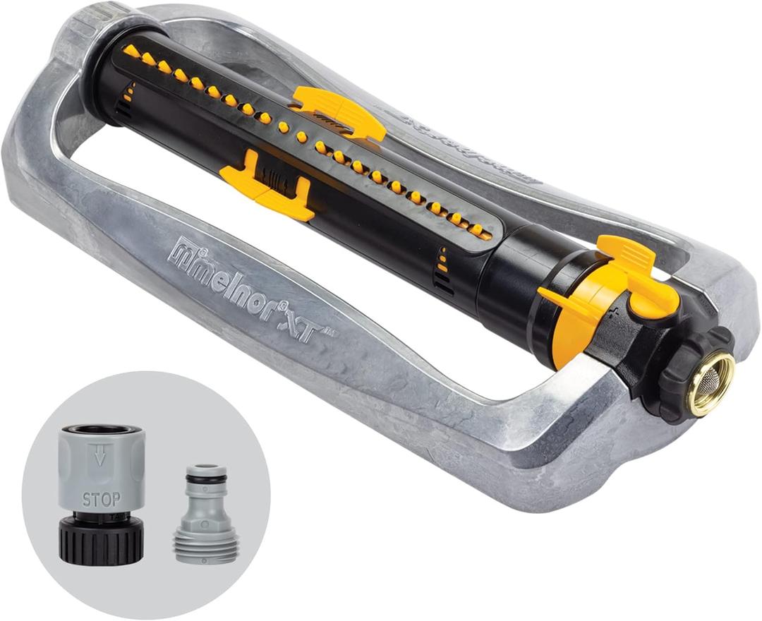 Melnor 65154AMZ XT Turbo Oscillating Sprinkler, Metal Base, 4,500 sq. ft., Quick Connect Bundle, 3-Way Adjustable, Black, Yellow (3-Way Adjustable Metal Base)