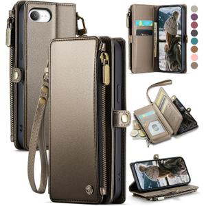 Defencase for iPhone 16E/17E Case Wallet with RFID Blocking Card Holder Slot for Women, Elegant PU Leather Magnetic Snap Flip Wrist Strap Zipper Wallet Phone Case for iPhone 17e & 16e, Desert Titanium