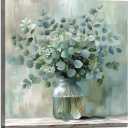 Eucalyptus Flower Glass Vase Canvas Wall Art Bathroom Decor Country Style Wall Decor Pictures Farmhouse Vintage Artwork Green Botanical Posters Prints for Bathroom Bedroom Decoration