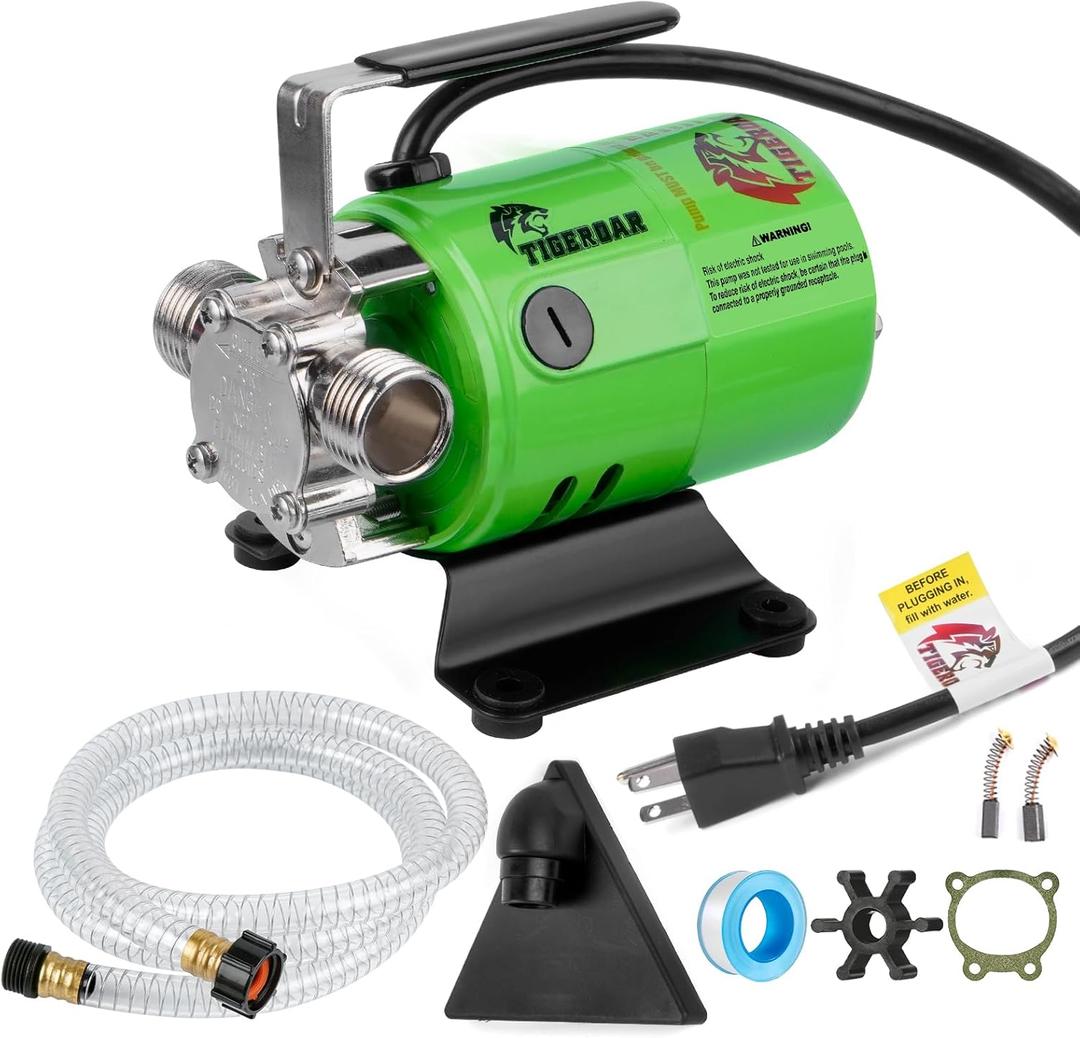TIGEROAR Water Transfer Pump 115V Water Pump 330 GPH Utility Portable Electric with 6 ft. Suction Hose 0.1HP Rain Barrel Pump for Transferring from Ponds, Pools, Aquariums, Hot Tubs Green