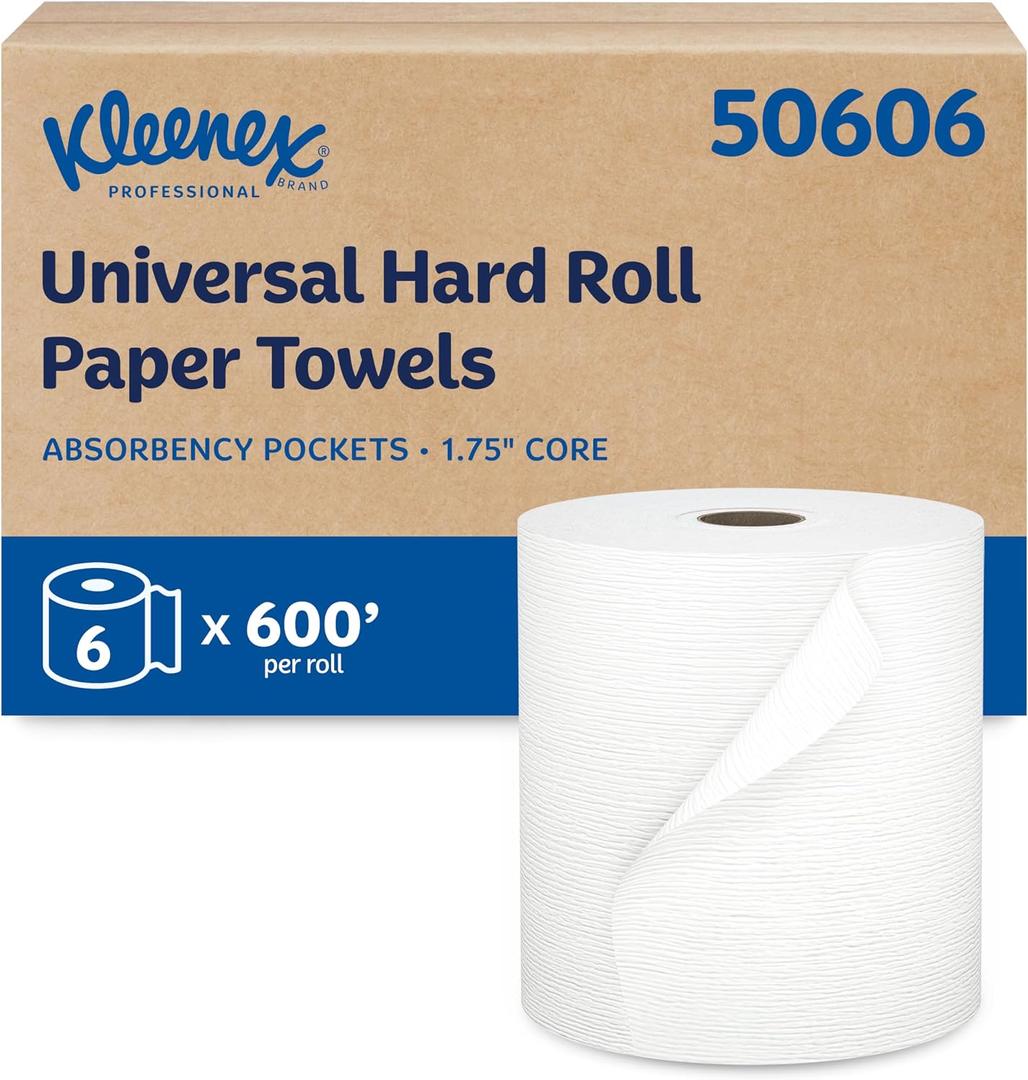 Kleenex Universal Hard Roll Paper Towels, Bulk (50606), Hardwound 1.75" Core, Premium Absorbency Pockets, White, (600'/Roll, 6 Rolls/Case, 3,600'/Case)