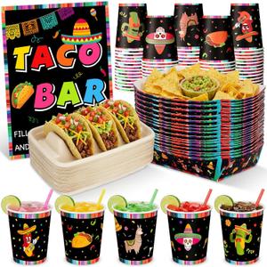 131 Pcs Taco Bar Supplies Kit Serving Party Mexican Cinco De Mayo Party Decorations Fiesta Bar Sign 3 Dividers Food Trays Paper Cups and Snack Holder for Taco Tuesday Supplies