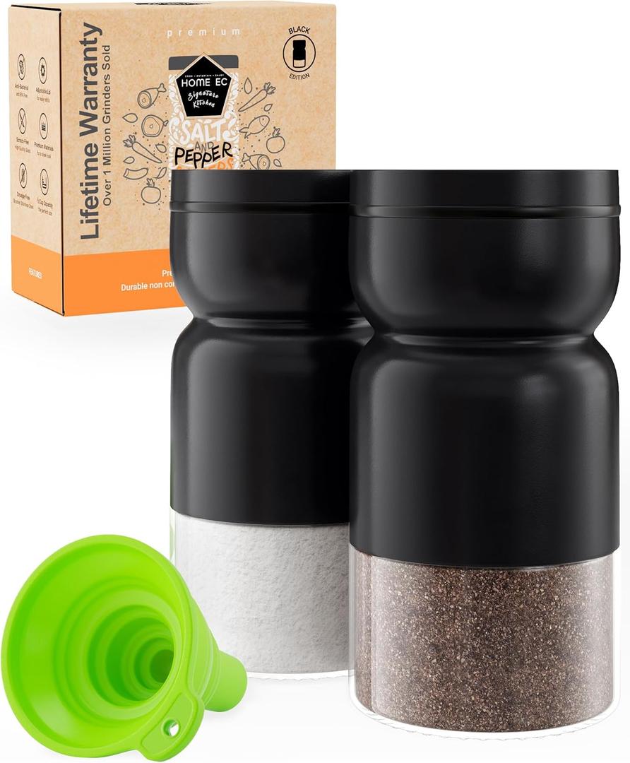 HOME EC Original Salt and Pepper Shakers Set with Adjustable Pour Holes - Black Salt Shaker and Pepper Shaker - Farmhouse Spice dispenser for salts, Ground peppercorn and spices (2pk)