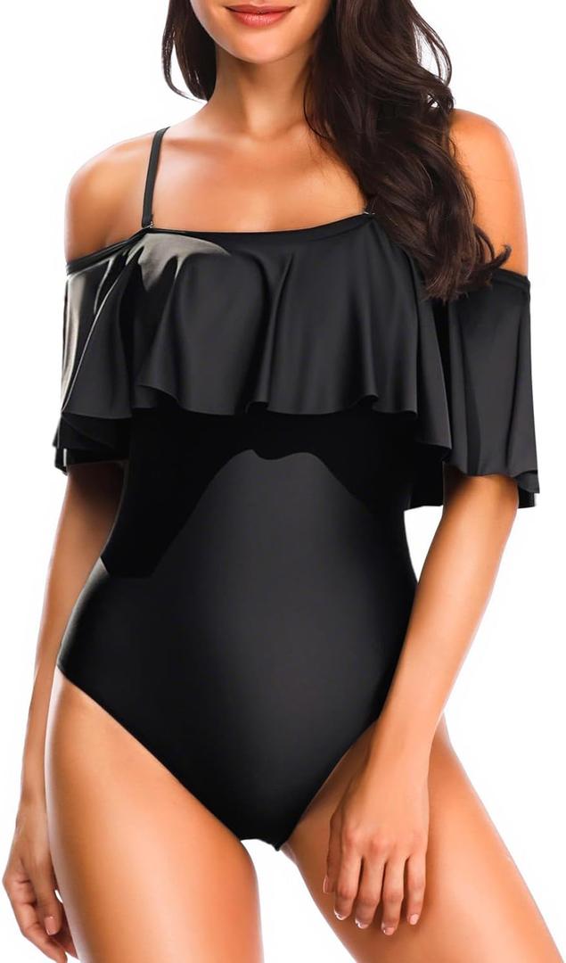 Tempt Me Women's One Piece Swimsuit Vintage Off Shoulder Ruffled Bathing Suits (Black) L