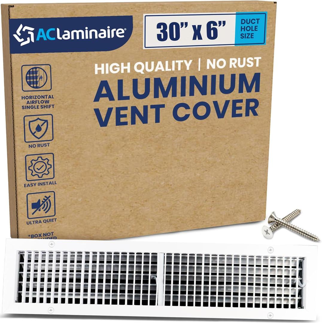 30" x 6" Duct Hole Aluminum Single Deflection Adjustable Air Supply Register, Decorative HVAC Vent Cover, Ceiling & Wall AC Deflector, Heating & Cooling Supply with Multi-Shutter Damper  ACLAMINAIRE