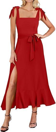 ANRABESS Women's Square Neck Ruffle Split Midi Elegant Formal Wedding Guest Cocktail Bridesmaid Graduation Party Dresses (X-Large, Red) ANRABESS Women's Square Neck Ruffle Split Midi Elegant Formal Wedding Guest Cocktail Bridesmaid Graduation Party Dresses (X-Large, Red)