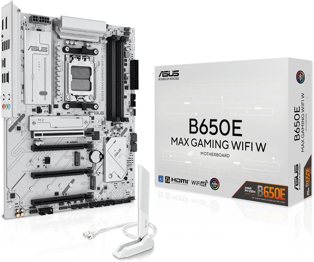 ASUS B650E MAX Gaming WiFi W AMD B650 AM5 ATX Motherboard, White PCB, DDR5, PCIe 5.0, 3X M.2, Wi-Fi 6E, 2.5Gb LAN, USB 10Gbps Type-C, DisplayPort, HDMI, BIOS Flashback, Aura Sync, Advanced AI PC