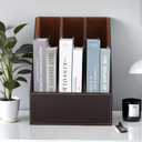 3 Tier Leather Magazine Holder - Vertical File Organizer with PU Leather Cover, Handmade Office Desk Organizer for A4/A3 Documents, Magazines, Books - Coffee (3 slot)