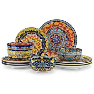 vancasso Plates and Bowls Sets,12-Piece Porcelain Dinnerware Set Service for 4, Bohemian Style Dishes Set for 4, Kitchen Dinner Set, Microwave and Dishwasher Safe, Scratch Resistant, Series KRVI