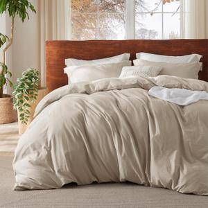 Bedsure 100% Washed Cotton Duvet Cover Queen Size - Greige Minimalist Cotton Duvet Cover Linen Like for All Seasons - GentleSoft Plain Simple Bedding, 3 Pieces (Greige, Queen, 90"x90")
