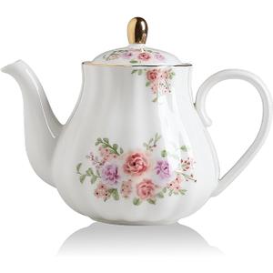 Sweejar Royal Teapot, Ceramic Tea Pot with Removable Stainless Steel Infuser, Blooming & Loose Leaf Teapot (Rose Flower, 28 Ounce)
