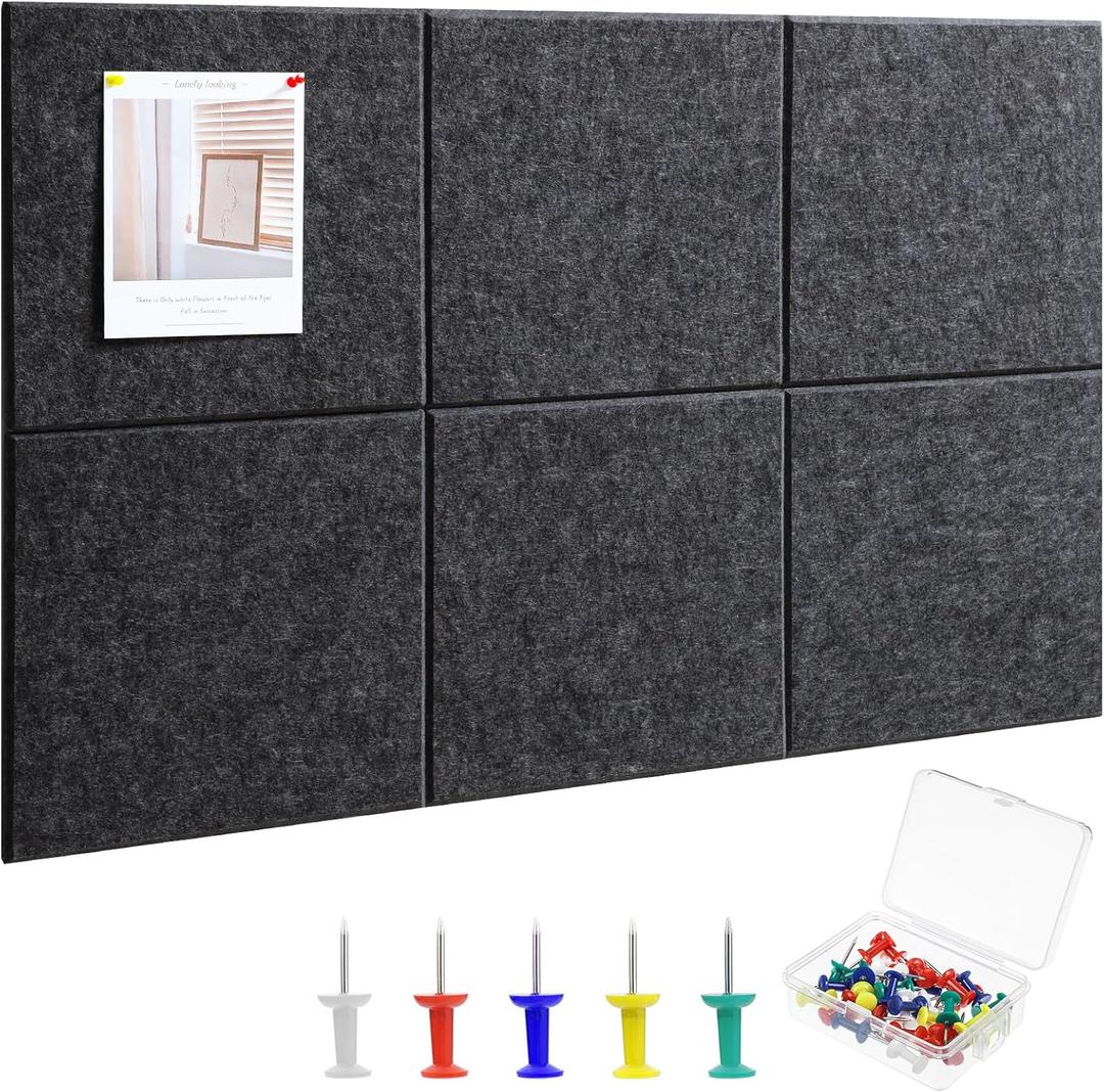 Large Cork Board 36" x 24", 6 Pack Felt Bulletin Board with 30 Pushpins, Cork Boards Alternative with Self-Adhesive Strips, Felt Wall Tiles Pin Boards for Walls Office Home School Decor-Dark Gray